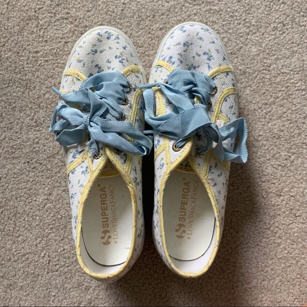 Size 38; Superga x LoveShackFancy blue and yellow floral platform sneakers